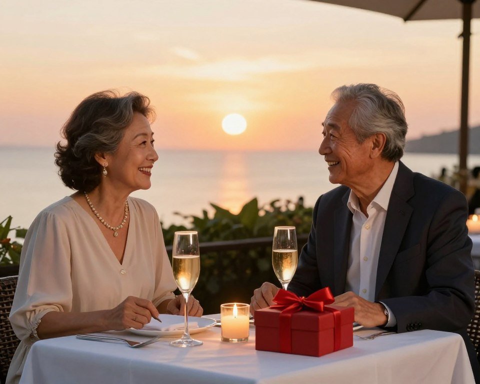 Romantic couple enjoying sunset dinner experience on their anniversary Romantic couple enjoying sunset dinner experience on their anniversary