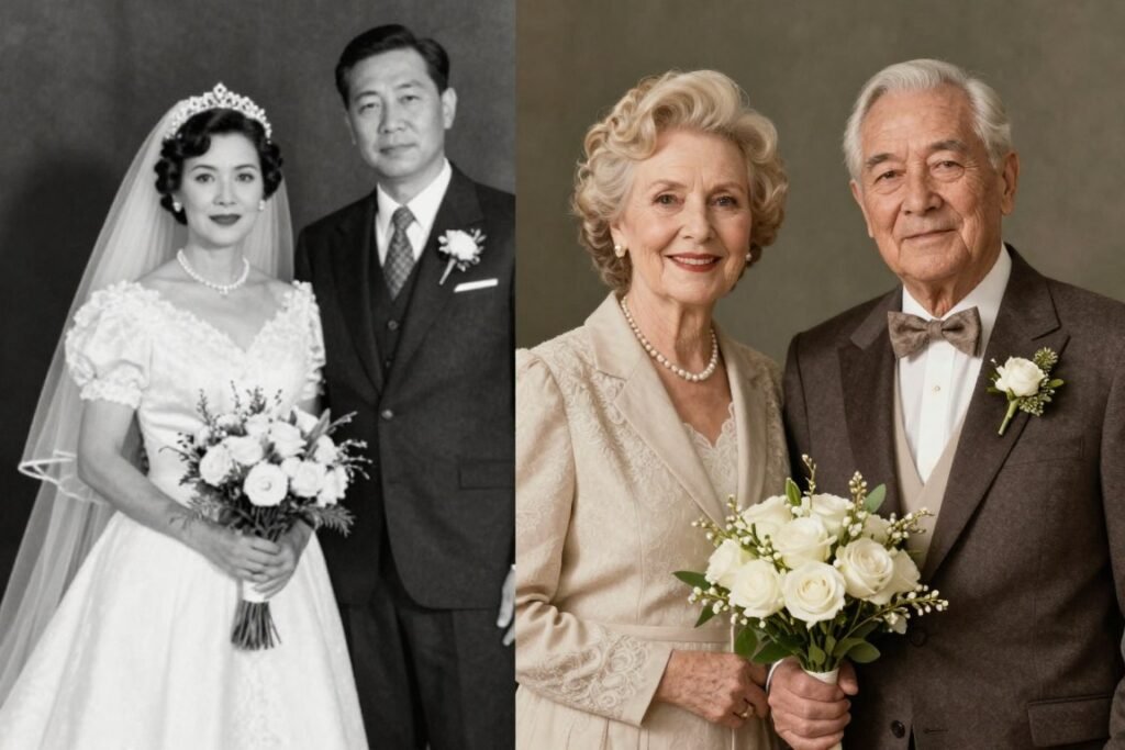 Vintage photo of couple on their wedding day next to current photo celebrating 50 years Vintage photo of couple on their wedding day next to current photo celebrating 50 years