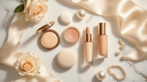 Natural Glowy Wedding Makeup That Actually Looks Like You (Just Better) Luminous bridal makeup flatlay on white marble, featuring cream products like bronzer, highlighter, blush, and foundation, artfully arranged with silk ribbon, ivory roses, and pearl accessories, all illuminated by warm golden hour lighting.