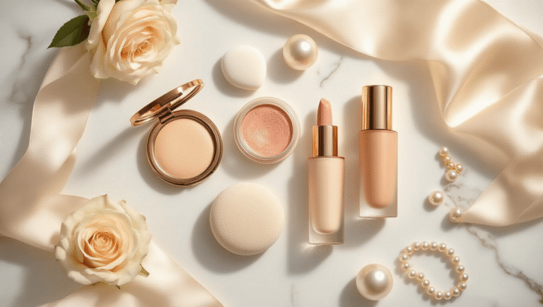 Natural Glowy Wedding Makeup That Actually Looks Like You (Just Better) Luminous bridal makeup flatlay on white marble, featuring cream products like bronzer, highlighter, blush, and foundation, artfully arranged with silk ribbon, ivory roses, and pearl accessories, all illuminated by warm golden hour lighting.