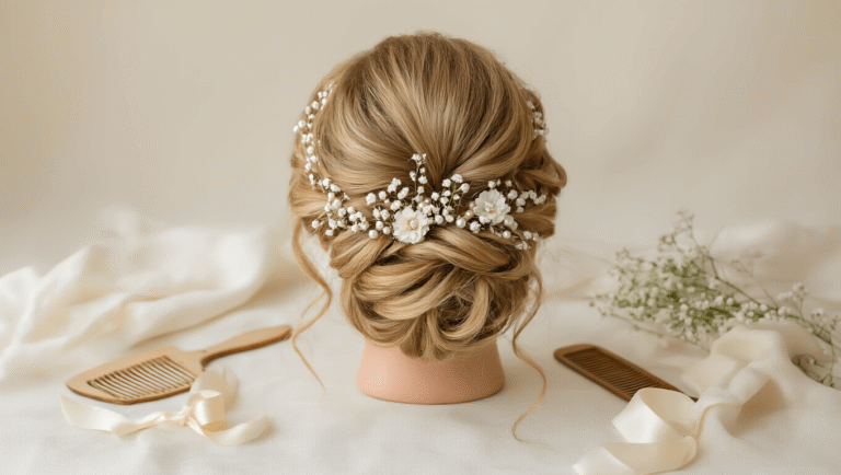 Wedding Hair That'll Actually Last All Day (Without Looking Like a Helmet) A serene bridal updo adorned with pearls and white flowers, set against a clean ivory background, showcasing cascading blonde curls and vintage styling tools.