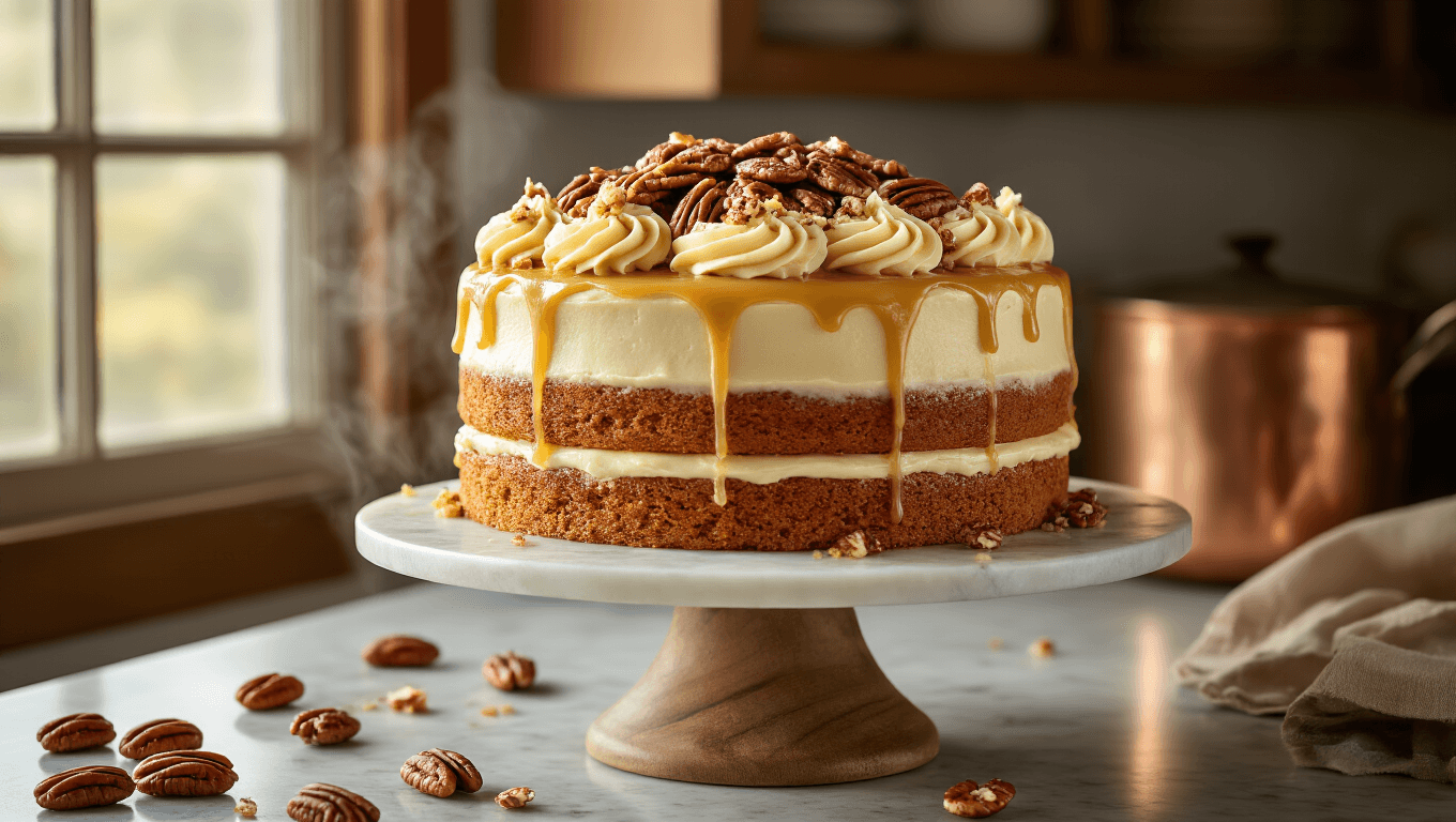 A rustic butter pecan layer cake with browned butter glaze and cream cheese frosting on a marble stand, surrounded by whole pecans and butter curls in a warm, cozy kitchen with copper pans and steam wisps.