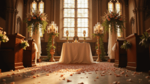 Church Wedding Decorations: Transform Your Sacred Space Into Something Magical Cinematic wide-angle view of a church wedding altar adorned with blush roses and eucalyptus under stained glass windows, featuring flickering candles and intricate Gothic architecture, bathed in warm golden hour light.
