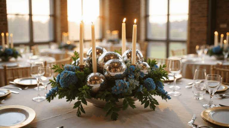 Disco Ball Wedding Decor: How to Add Sparkle and Personality to Your Big Day Elegant wedding tablescape with mini disco balls, ivory candles, and lush jewel-tone florals, captured in golden hour light with reflections and warm ambiance.
