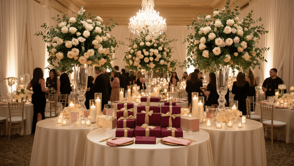 Gift Exchange Ideas That'll Actually Make Your Holiday Parties Fun (Not Awkward) Elegant ballroom during golden hour, featuring round tables with ivory silk linens, blush napkins, and cream rose arrangements, an ornate gift exchange station with burgundy and gold wrapped presents, and guests in formal attire, all under warm golden lighting and sheer ivory drapery.