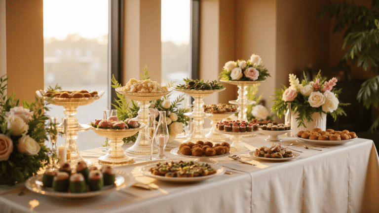 Wedding Buffet Table Decoration: How to Create a Stunning Focal Point That Guests Won't Stop Talking About Elegant tiered wedding buffet display with crystal stands and ivory linens, featuring gourmet dishes at various heights, blush florals, and warm golden hour lighting.