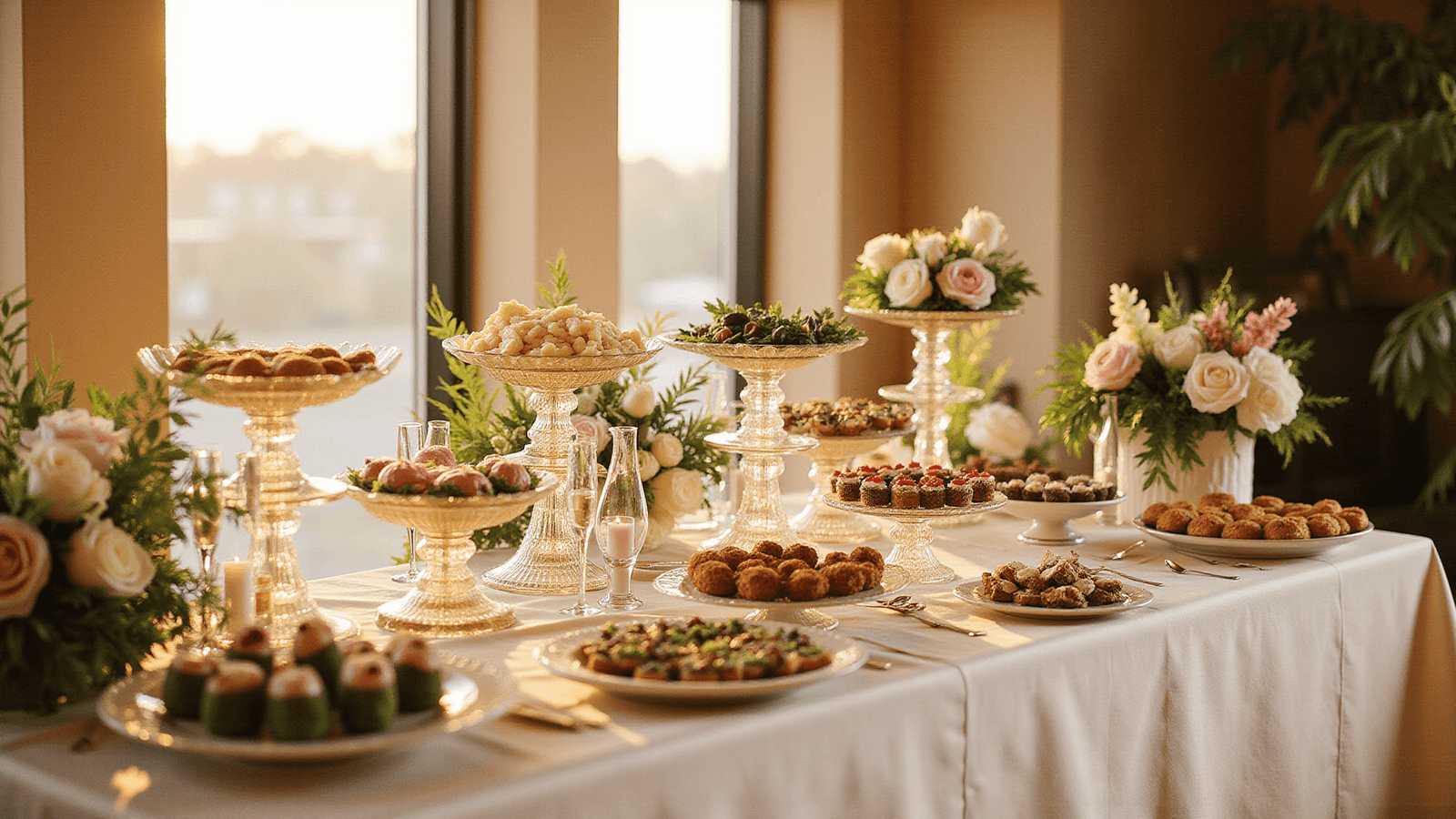 Elegant tiered wedding buffet display with crystal stands and ivory linens, featuring gourmet dishes at various heights, blush florals, and warm golden hour lighting.