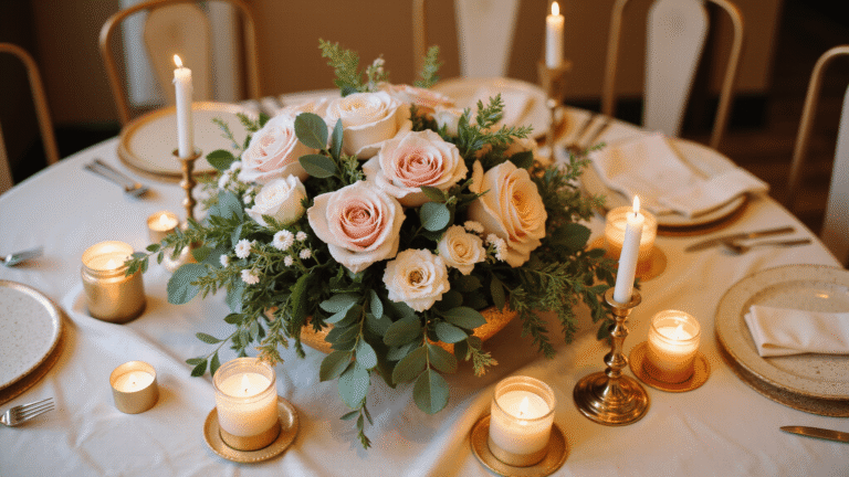 Round Wedding Table Centerpieces: The Complete Guide to Creating Stunning Focal Points That Actually Work Elegant round wedding table centerpiece featuring blush garden roses, cream ranunculus, and silvery eucalyptus, surrounded by glowing ivory taper candles on luxurious ivory silk linen, capturing warm ambient light and romantic ambiance.