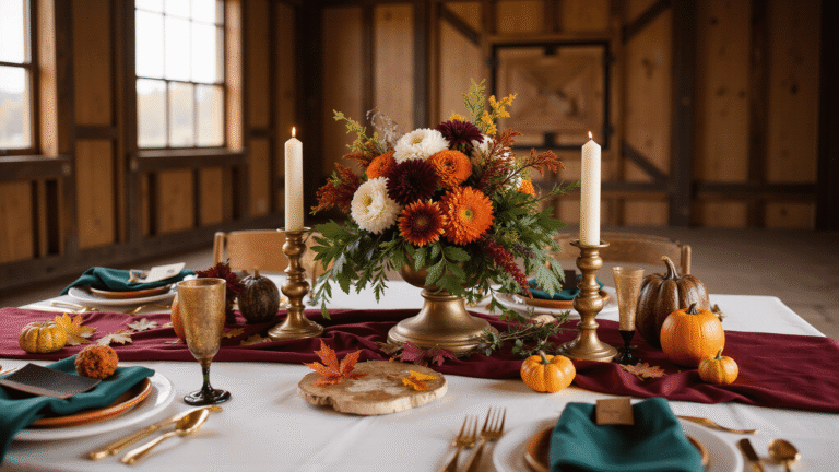 Fall Wedding Table Decor: Create Stunning Autumn Tablescapes That'll Make Your Guests Speechless An elegant fall wedding tablescape in a rustic barn setting, featuring a burgundy silk table runner, a centerpiece of dahlias and pumpkins, warm candlelight, and rich autumn colors.