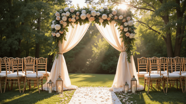 The Ultimate Wedding Décor Checklist: Transform Your Celebration Into an Unforgettable Experience Cinematic outdoor wedding ceremony at golden hour featuring a romantic floral arch adorned with white peonies and garden roses, ivory draping, chiavari chairs, and a petal-strewn aisle, all bathed in soft dappled sunlight.