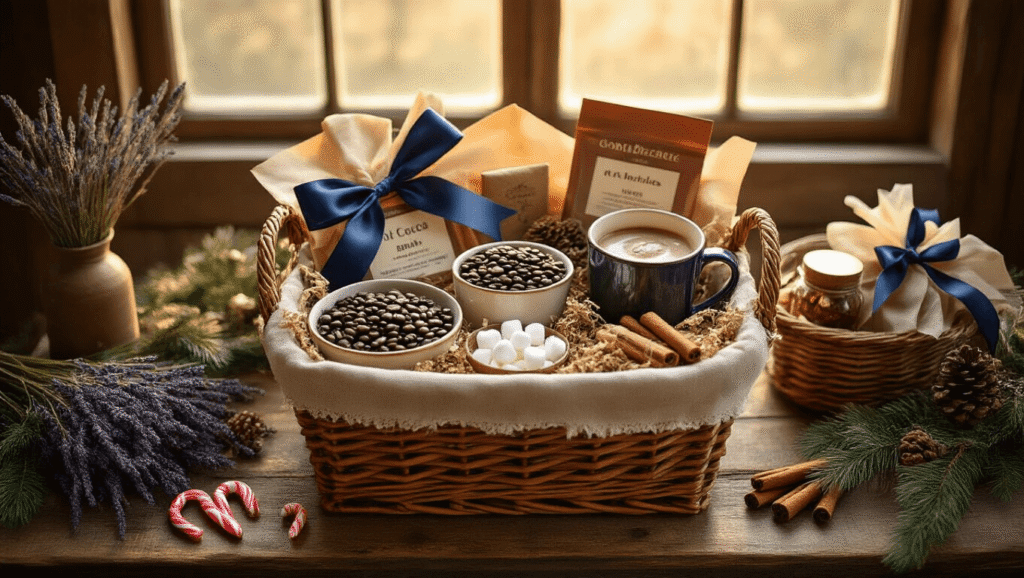 Christmas Gift Baskets: Your Complete Guide to DIY and Store-Bought Magic Overhead shot of an elegant holiday gift basket styling station on a rustic wood table, featuring wicker baskets filled with coffee beans, vintage mugs, hot cocoa packets, lavender oils, and festive decorations, illuminated by warm sunlight and surrounded by cozy fairy lights.