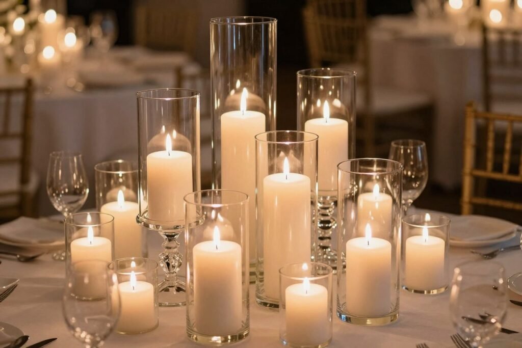 luxury birthday dinner with candles in hurricane glasses creating elegant glow luxury birthday dinner with candles in hurricane glasses creating elegant glow