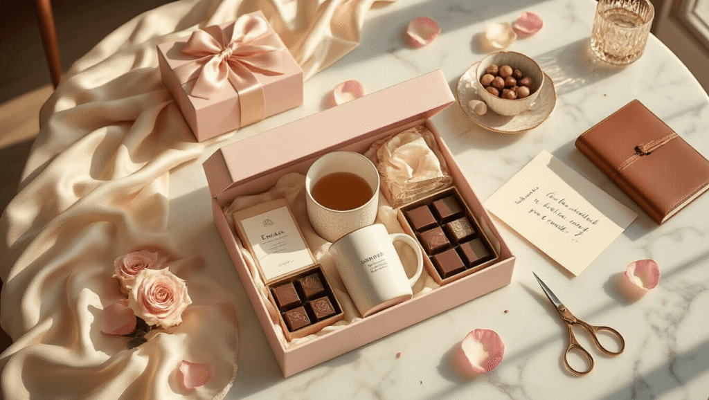 Gift Box Ideas That'll Make You Look Like the Most Thoughtful Person Ever Elegant overhead view of a luxury gift box curation on a marble surface, featuring Ember mugs, chocolates, journals, and silk ribbons, illuminated by warm golden hour light, with a soft color palette of blush pink, ivory, and gold accents.