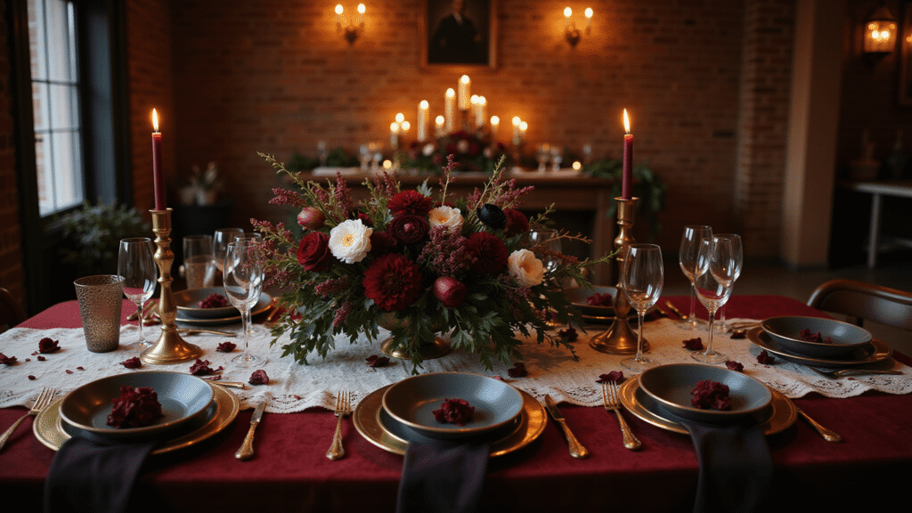 Planning Your Moody Romantic Wedding: A Complete Guide to Dark, Dramatic Elegance Cinematic overhead view of an opulent moody romantic wedding tablescape featuring burgundy velvet linens, ivory lace overlay, antique brass candelabras, and a dramatic floral centerpiece, with warm lighting and rich textures, evoking gothic elegance.