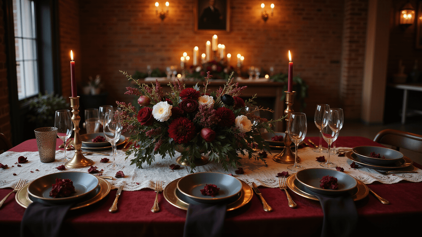 Cinematic overhead view of an opulent moody romantic wedding tablescape featuring burgundy velvet linens, ivory lace overlay, antique brass candelabras, and a dramatic floral centerpiece, with warm lighting and rich textures, evoking gothic elegance.