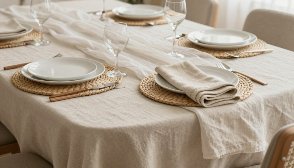 neutral linen luxury birthday dinner table with layered textures neutral linen luxury birthday dinner table with layered textures