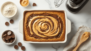 Peanut Butter Cup Cake That'll Make You Forget Store-Bought Exists Cinematic overhead view of a golden-brown peanut butter cup cake in a baking dish on a marble countertop, surrounded by chopped Reese's cups, dollops of creamy peanut butter frosting, and chocolate syrup, with warm kitchen lighting and a cozy domestic atmosphere.