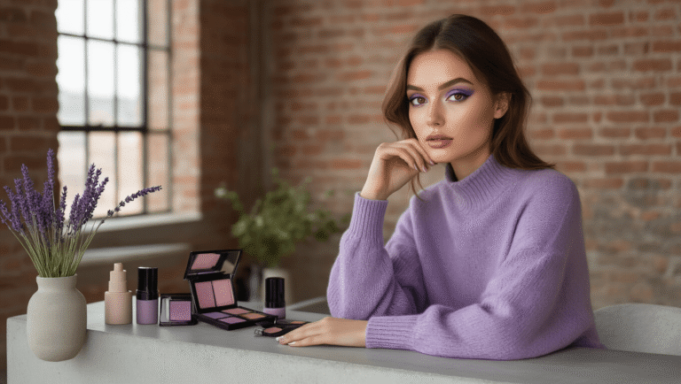 The Most Elegant Eyeshadow Colors for Brown Eyes at Weddings A beauty portrait of a model with brown eyes wearing subtle purple eyeshadow, seated at a modern concrete vanity in an urban loft with exposed brick, soft afternoon light, and minimalist decor featuring lavender sprigs.