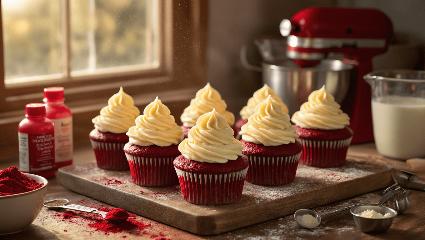 Cinematic close-up of red velvet cupcakes topped with cream cheese frosting, surrounded by baking ingredients in a warm kitchen setting.
