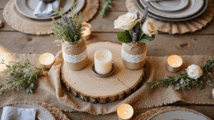 Rustic Wedding Table Decor: Create Authentic Farmhouse Elegance That Steals Every Photo A rustic wedding table centerpiece featuring vintage mason jars with wildflowers, soft candles, and natural wood accents on a weathered barn wood surface, illuminated by golden hour light.