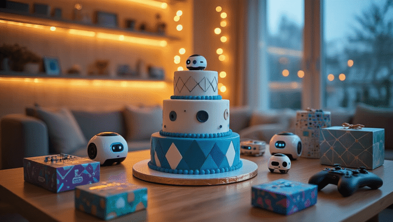 Gift Ideas for 11-Year-Old Boys That Actually Get Used (Not Shoved in a Closet) A modern birthday party for boys featuring Sphero Mini robots as centerpieces, Snap Circuits electronics kits on shelves, a tiered robot cake, and gaming controllers, all under warm golden lighting with soft bokeh from LED string lights.