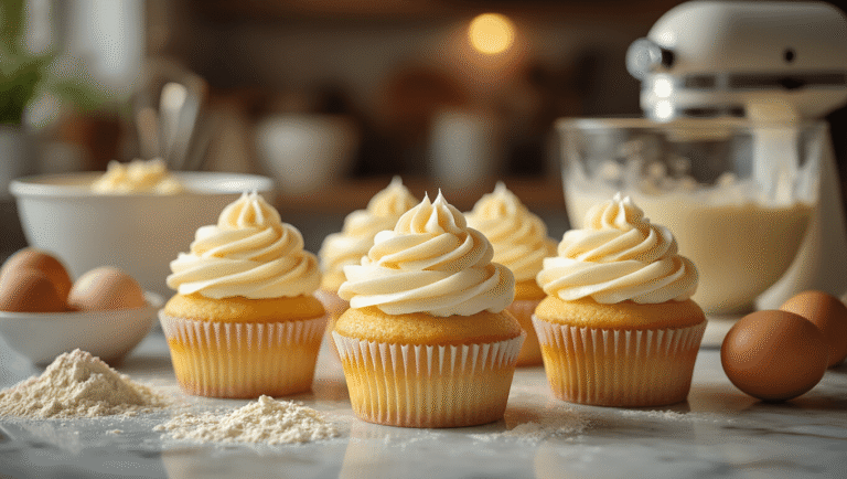 Vanilla Cream Cupcakes: The Ultimate Guide to Perfectly Moist, Fluffy Cupcakes Every Time Cinematic close-up of golden vanilla cupcakes with ivory buttercream swirls on a marble countertop, surrounded by scattered flour, mixing bowls, and baking ingredients, bathed in warm kitchen lighting and a cozy atmosphere.