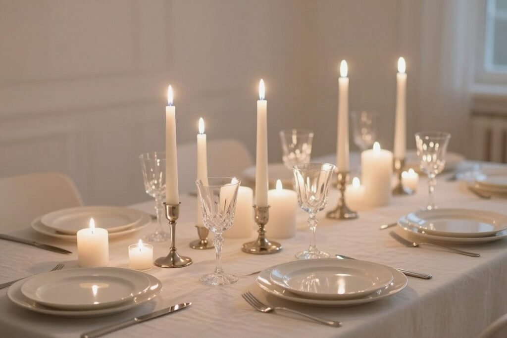 white luxury birthday dinner table with multiple candles creating elegant ambiance white luxury birthday dinner table with multiple candles creating elegant ambiance