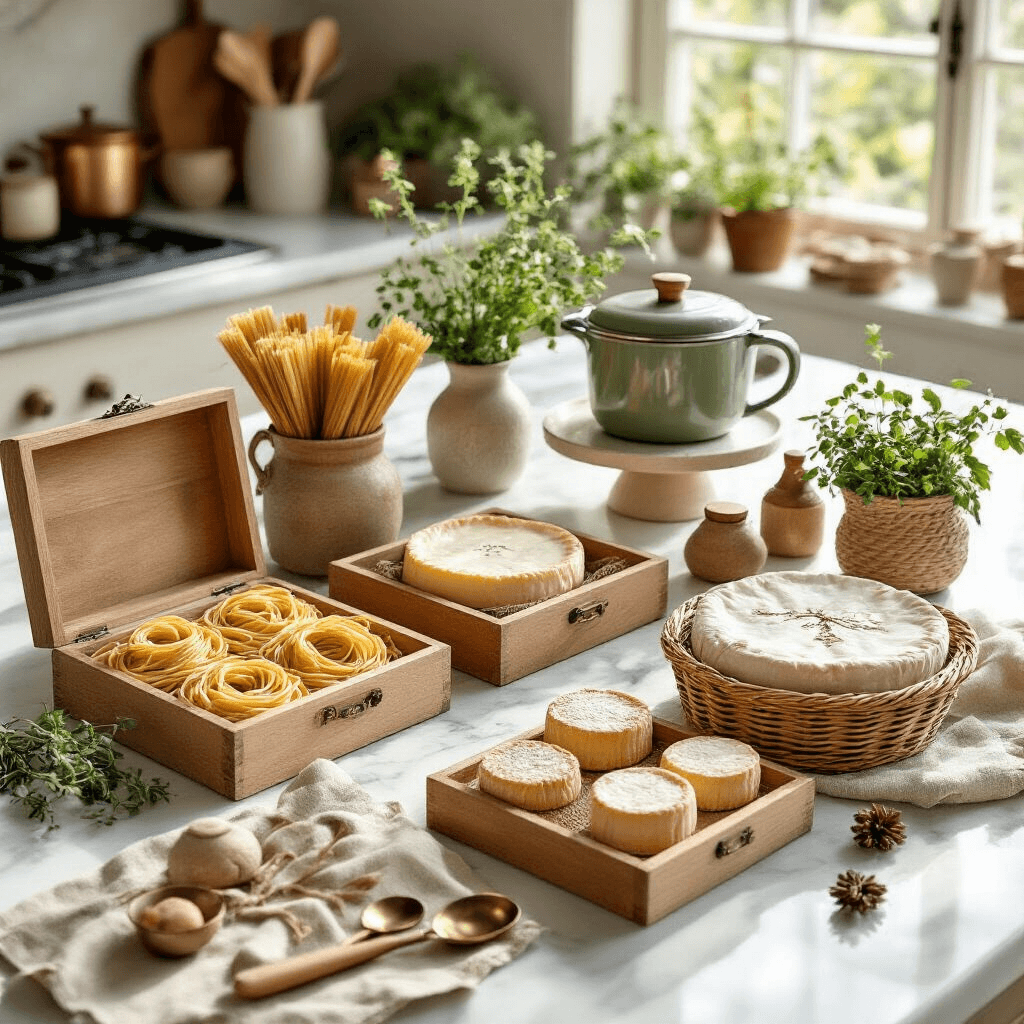 Christmas Gift Ideas That Actually Matter (No Junk, I Promise) Overhead flat lay of an elegant kitchen-themed gift display on polished marble countertops, featuring pasta-making sets, artisanal brie bakers, and ice cream maker accessories, arranged with fresh herbs, linen tea towels, and vintage utensils in warm terracotta, sage green, and cream tones.