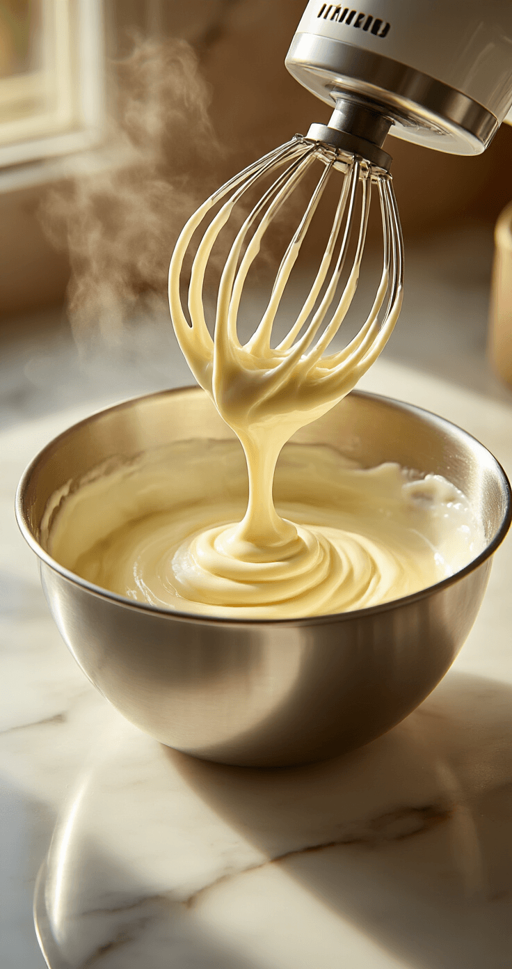 White Forest Cake: A Stunning White Chocolate Cherry Layer Cake Close-up of glossy white chocolate ganache being whipped in a stainless steel bowl, with creamy ribbons cascading from mixer beaters and warm golden lighting creating a luxurious culinary atmosphere.