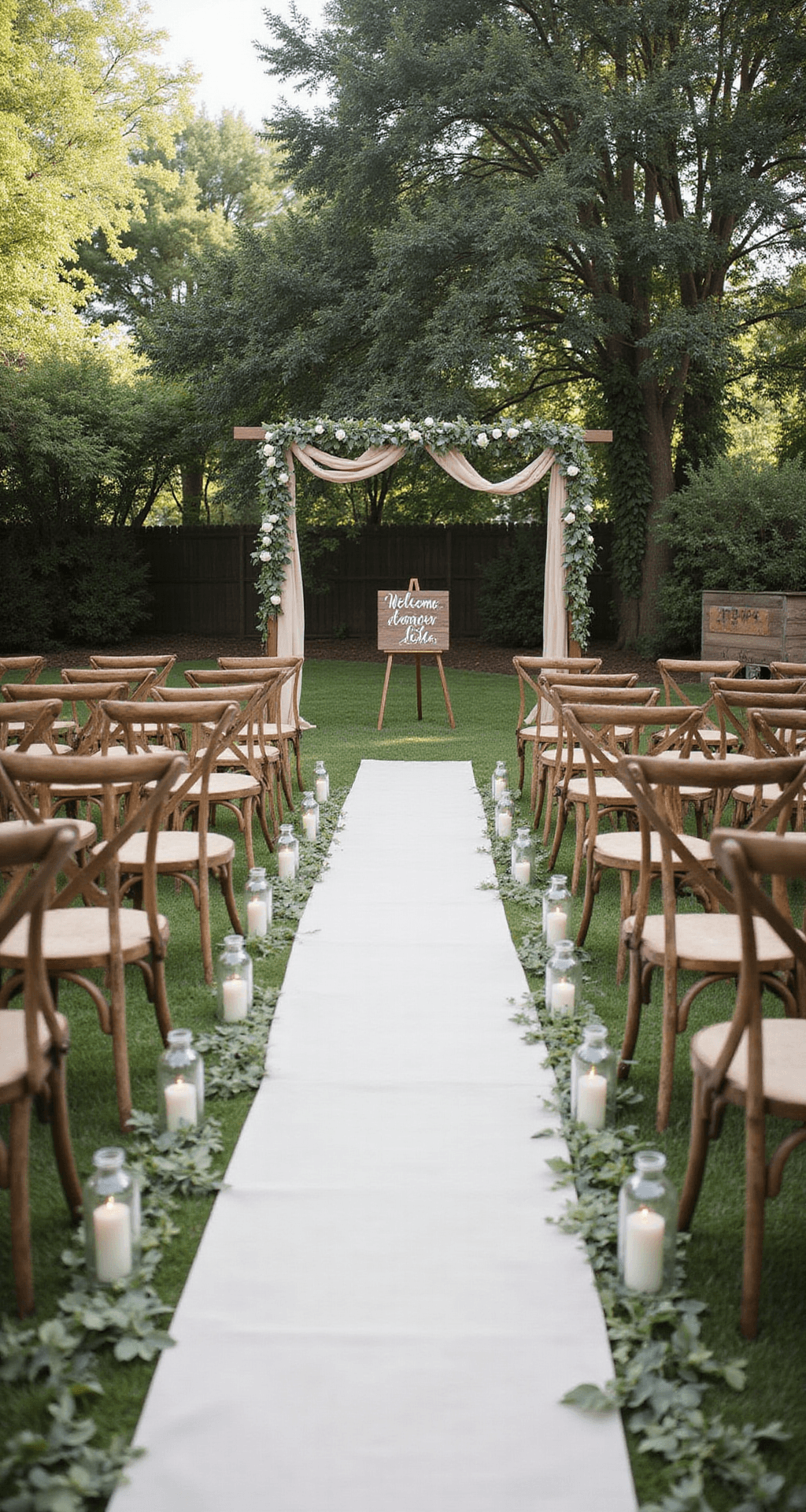 Elegant Wedding Decor: Creating a Sophisticated Celebration That Actually Feels Like You Intimate garden ceremony setup with a minimalist eucalyptus arch and champagne silk ribbons, rustic wooden chairs on grass, white linen aisle runners with glass lanterns, white garden roses, and a wooden sign with calligraphy, surrounded by mature trees and morning dew.