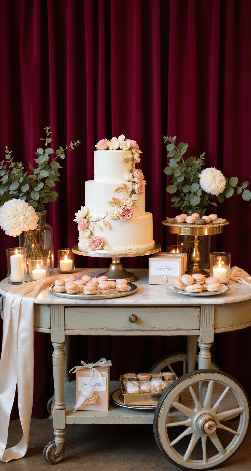 Elegant Wedding Decor: Creating a Sophisticated Celebration That Actually Feels Like You Close-up of an elegant dessert display featuring a three-tier white wedding cake with sugar flowers and gold leaf, surrounded by blush and cream French macarons, petit fours, and chocolate truffles on brass stands, all illuminated by soft candlelight and adorned with fresh peonies, eucalyptus, and silk ribbons against a burgundy velvet backdrop.