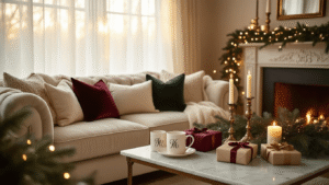 Christmas Gift Ideas That Actually Matter (No Junk, I Promise) Warm and inviting Christmas gift exchange scene in a cozy living room, featuring golden hour sunlight, plush velvet sofa with silk cushions, personalized mugs on marble cake stands, festive textiles, twinkling fairy lights, fresh garlands, and elegantly wrapped gifts, all bathed in a soft amber glow.
