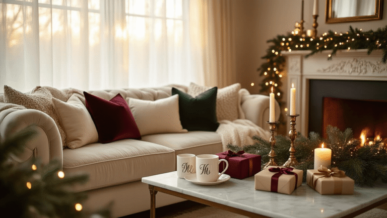 Christmas Gift Ideas That Actually Matter (No Junk, I Promise) Warm and inviting Christmas gift exchange scene in a cozy living room, featuring golden hour sunlight, plush velvet sofa with silk cushions, personalized mugs on marble cake stands, festive textiles, twinkling fairy lights, fresh garlands, and elegantly wrapped gifts, all bathed in a soft amber glow.
