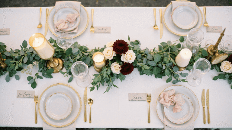 Elegant Wedding Decor: Creating a Sophisticated Celebration That Actually Feels Like You Elegant wedding tablescape featuring a lush eucalyptus and olive garland, blush roses, and ivory candles on ivory silk linen, captured in warm golden hour lighting with a romantic and intimate atmosphere.