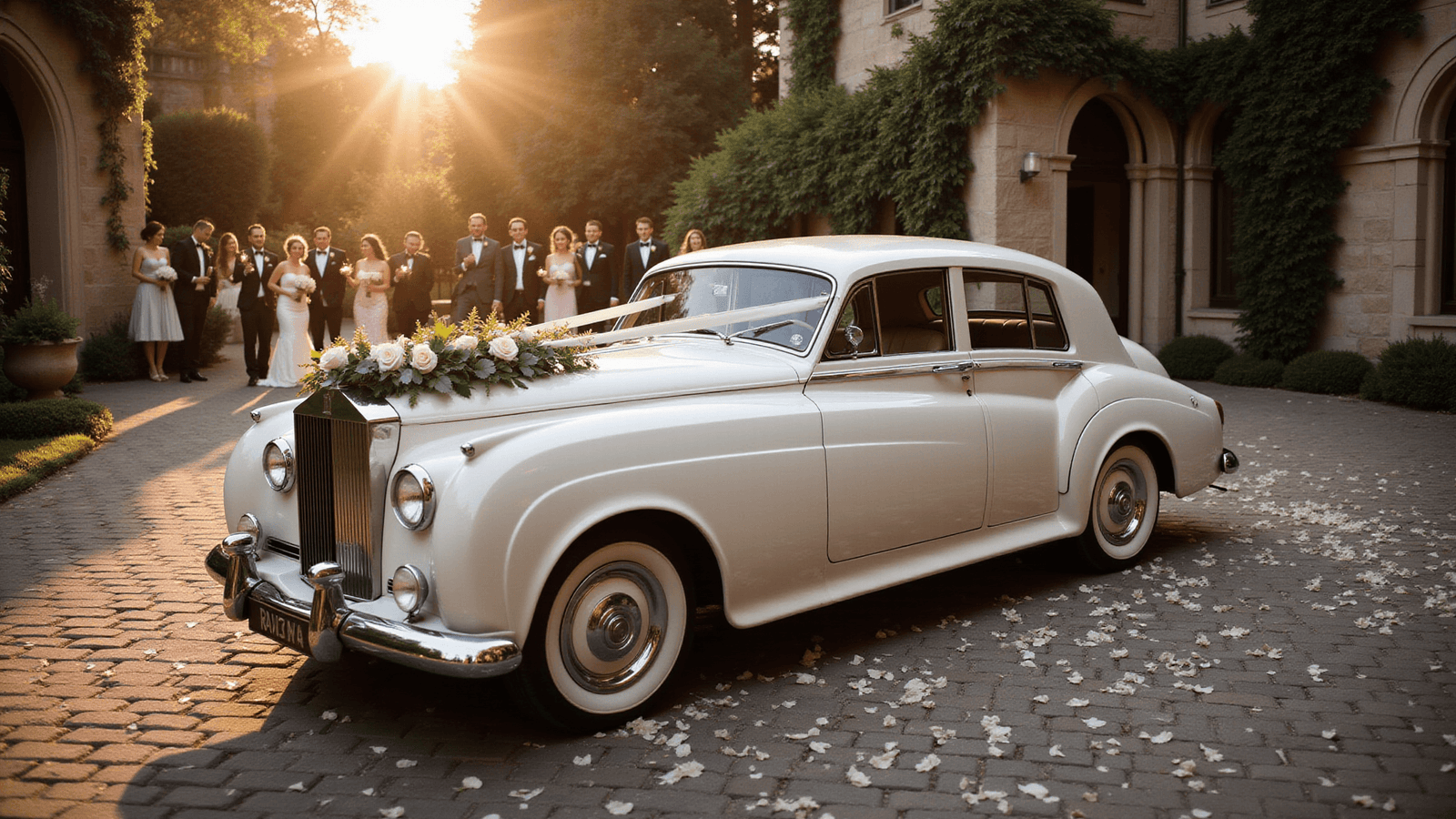 Cinematic image of a vintage 1960s ivory Rolls-Royce wedding car adorned with eucalyptus and rose wreaths in an elegant stone courtyard during golden hour, featuring warm sunlight, scattered white rose petals, and wedding guests with sparklers, creating a romantic and celebratory atmosphere.