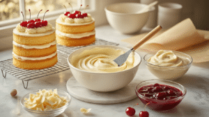 White Forest Cake: A Stunning White Chocolate Cherry Layer Cake Cinematic overhead shot of elegant white forest cake assembly with golden vanilla layers, white chocolate ganache, cherry filling, and fresh cherries, all on a marble countertop illuminated by warm golden hour lighting.