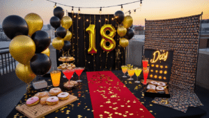 18th Birthday Party Ideas for Every Personality and Budget "Overhead view of an 18th birthday party setup featuring black-and-gold '18' foil balloons, a mini red carpet, neon UV cocktails, a donut board, fairy lights, gold confetti on a dark tablecloth, and a DIY photo booth under golden-hour rooftop lighting"