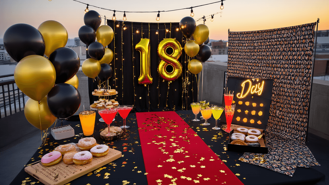 "Overhead view of an 18th birthday party setup featuring black-and-gold '18' foil balloons, a mini red carpet, neon UV cocktails, a donut board, fairy lights, gold confetti on a dark tablecloth, and a DIY photo booth under golden-hour rooftop lighting"