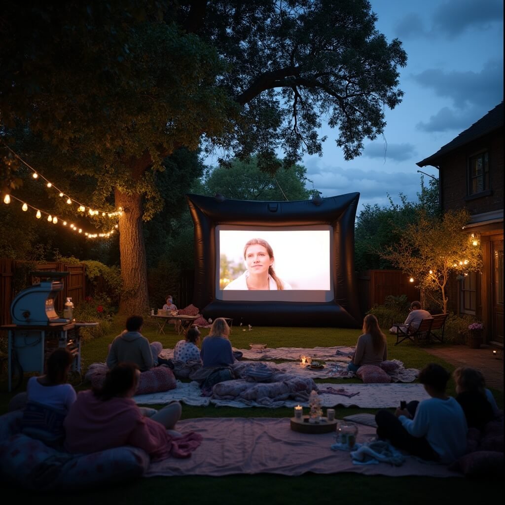 18th Birthday Party Ideas for Every Personality and Budget Backyard cinema setup for an 18th birthday party with inflatable projection screen glowing with paused film, blankets and cushions on lawn, fairy lights overhead, teenagers by popcorn cart against a darkening indigo sky.