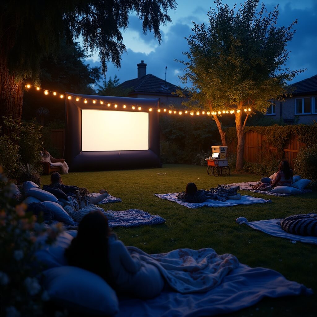 18th Birthday Party Ideas for Every Personality and Budget Backyard cinema setup for a teenager's 18th birthday party with an inflatable screen, floor cushions, fairy lights, teenagers near a popcorn cart, and a glowing film screen against a dusky sky.