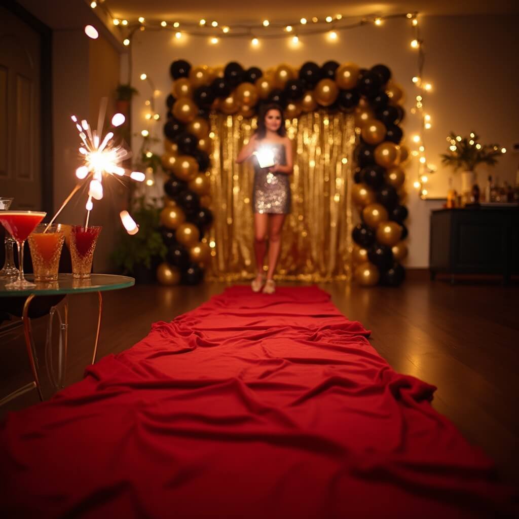 18th Birthday Party Ideas for Every Personality and Budget Girl in sequined dress posing on rumpled red carpet with disposable camera flash, gold backdrop with black and gold balloons, string lights and sparklers on mocktails in foreground.
