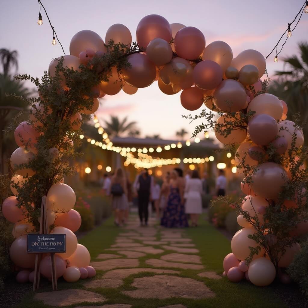 Engagement Party Decorations That Actually Suit the Couple Balloon arch in dusty pink, ivory, and champagne gold with eucalyptus vines at party entrance at dusk, with a wooden welcome sign, glowing String lights, and guests' silhouettes in the garden backdrop