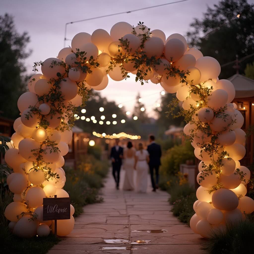 Engagement Party Decorations That Actually Suit the Couple Balloons in dusty pink, ivory, and champagne gold forming an arch at party entrance, welcome sign with couple's names, string lights overhead, silhouettes of guests under soft lavender sky, garden backdrop