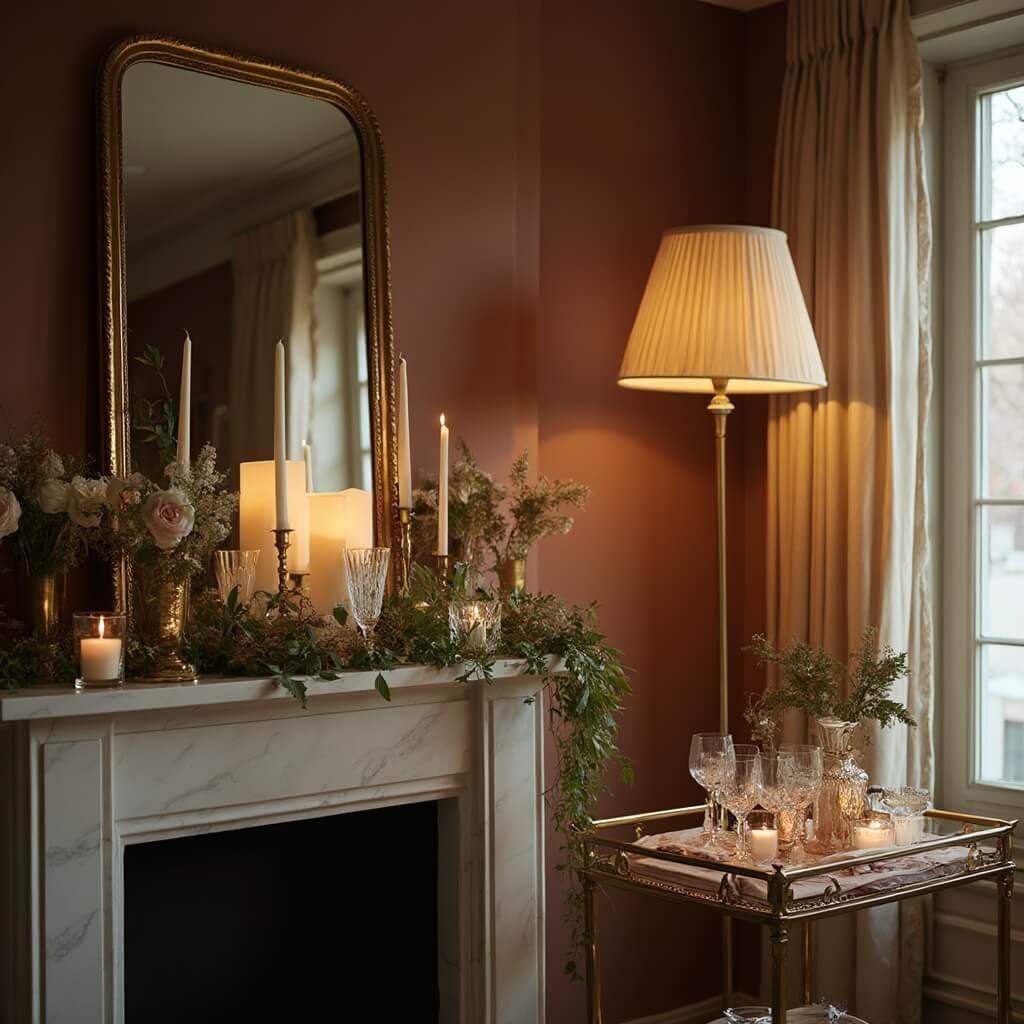 Engagement Party Decorations That Actually Suit the Couple Elegant engagement party corner with gold and white candles on marble mantelpiece, gilded mirror reflecting lamplight, bar cart with greenery and crystal glassware, with a blush and ivory color palette, and a floor lamp creating soft lighting on dark walls.