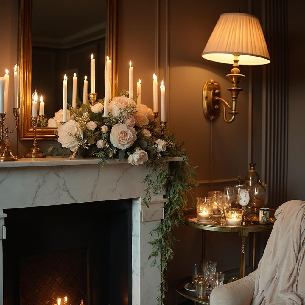 Engagement Party Decorations That Actually Suit the Couple Elegant indoor engagement party corner with white and gold taper candles on a marble mantelpiece, brass tea lights and crystal glassware on a bar cart, a gilded mirror reflecting warm lamplight, and layered lighting from a floor lamp against dark walls