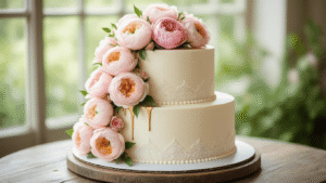 Wedding Cake Ideas — Choosing a Style, Flavour and Size That Actually Suits Your Day "Elegant three-tier wedding cake with hand-piped lace detailing and blush pink sugar flowers on a rustic wooden table, in a professional food photography setting with blurred garden background"