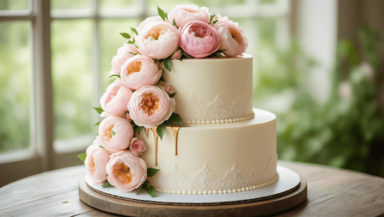 Wedding Cake Ideas — Choosing a Style, Flavour and Size That Actually Suits Your Day "Elegant three-tier wedding cake with hand-piped lace detailing and blush pink sugar flowers on a rustic wooden table, in a professional food photography setting with blurred garden background"