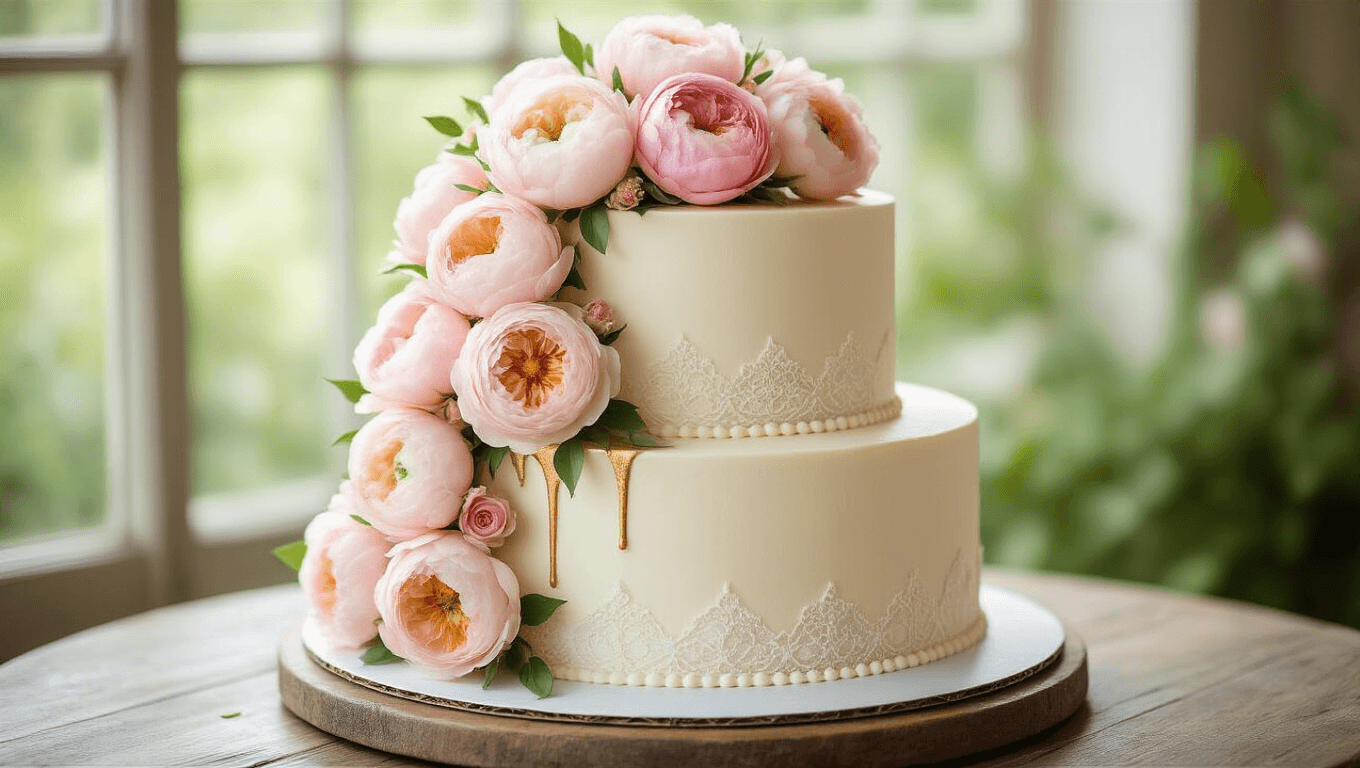 "Elegant three-tier wedding cake with hand-piped lace detailing and blush pink sugar flowers on a rustic wooden table, in a professional food photography setting with blurred garden background"