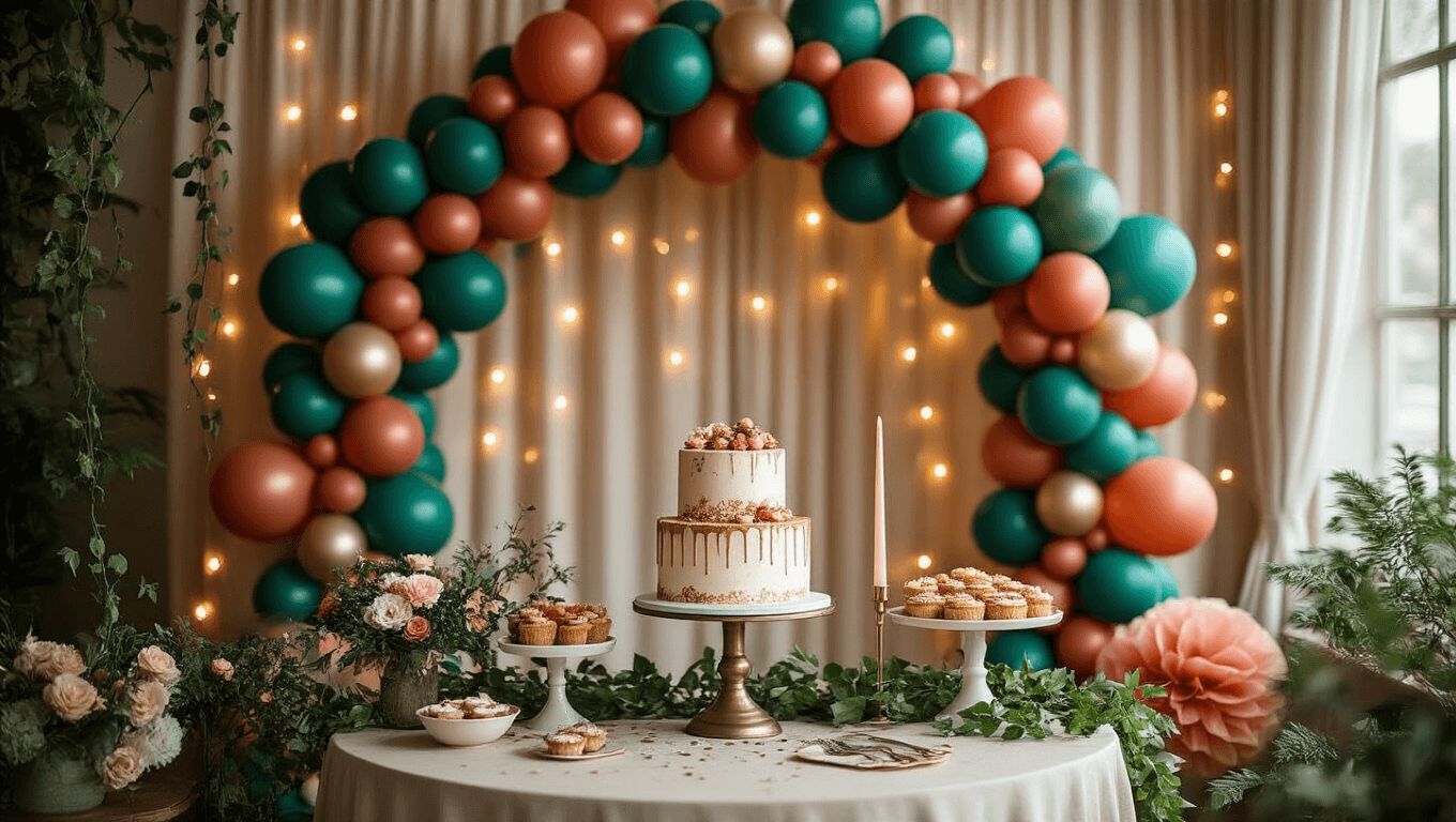 "Elegant birthday party scene showcasing balloon garland arch in emerald, sapphire, terracotta, gold metallic accents; dessert table with styled cake stand, tissue pom-poms, trailing ivy against fringe curtain backdrop with warm lights creating cozy atmosphere; photorealistic, editorial photography style."