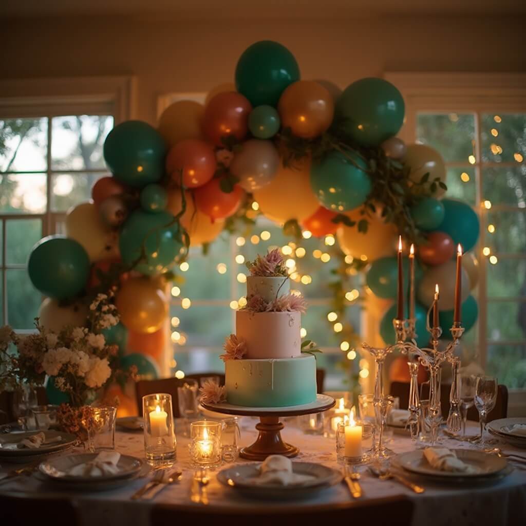 How to Decorate a Birthday Party Without It Looking Like a Jumble Sale Elegant birthday cake on a table with balloon garland in emerald, sapphire, and terracotta tones, ivy, and golden lights, shot at dusk in softly lit dining room